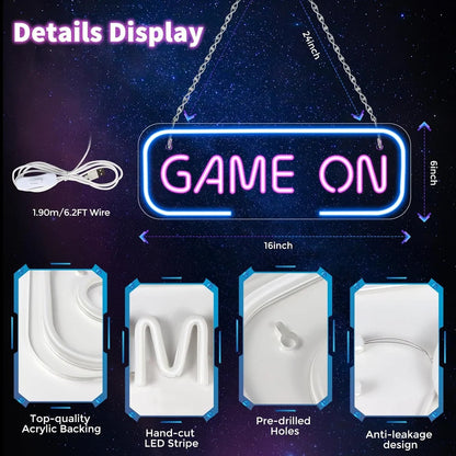 15.7×5.6 Inch Neon Wall Decor – GAME ON Silicone Neon Sign – 5V USB Powered Dimmable Blue & Pink Glow LED Wall Light | Neon Lamp with Accessories Included | Hanging Gaming Decor for Gaming Room, Bedroom, Setup & Party Spaces