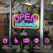Load image into Gallery viewer, inShareplus LED Neon Welcome Open Sign, 16.9&#39;&#39;*9.8&#39;&#39; Dimmable Open Signs for Business, Ultra Bright Light Up Signs powered by 5V USB, LED Neon Lights for Stores, Restaurants, Retail Shops, Bar