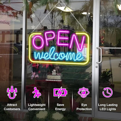 OPEN Welcome LED Silicone LED Store Signs – 16×9 Inch (41×23 cm) Horizontal Style | USB Powered Pink, Blue & Yellow Glow Light for  Store Entrances & Business Locations
