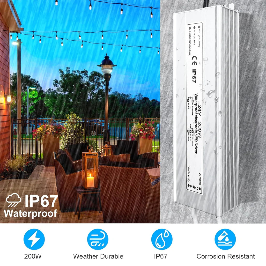 24V Outdoor Waterproof LED Power Supply 200W–500W, 90–140V Input, Single/Dual Wire Output, Aluminum Housing, Landscape & Outdoor Lighting, CE/RoHS/FCC Certified, Waterproof Transformer for Outdoor Lighting, US Plug