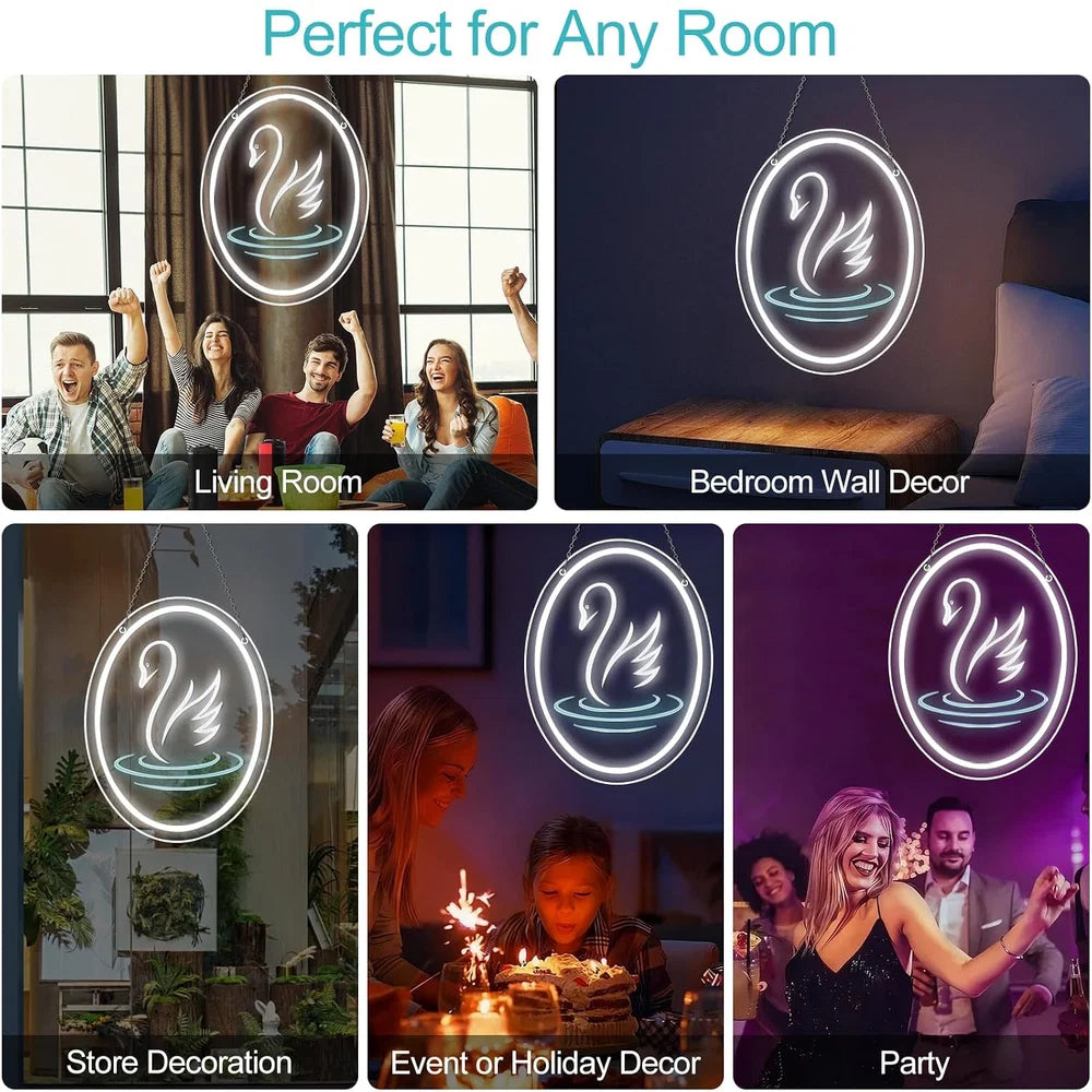 15.7×11.8 Inch Neon Wall Decor – Swan Silicone Neon Sign – 5V USB Powered Dimmable White Glow LED Wall Light | Engraved Design Neon Lamp with Accessories Included | Hanging Decor for Bedroom, Vanity Room, Home & Party Spaces