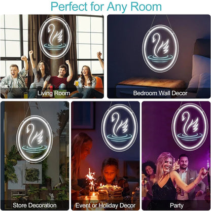 15.7×11.8 Inch Neon Wall Decor – Swan Silicone Neon Sign – 5V USB Powered Dimmable White Glow LED Wall Light | Engraved Design Neon Lamp with Accessories Included | Hanging Decor for Bedroom, Vanity Room, Home & Party Spaces
