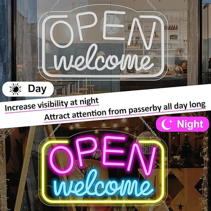 OPEN Welcome LED Silicone LED Store Signs – 16×9 Inch (41×23 cm) Horizontal Style | USB Powered Pink, Blue & Yellow Glow Light for  Store Entrances & Business Locations