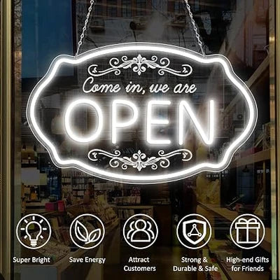 WE ARE OPEN COME IN LED Silicone LED Store Signs – 23.5×14 Inch & 16.5×10 Inch | 5V USB Powered Dimmable Light with Engraved Back Design for  Store Entrances & Business Locations