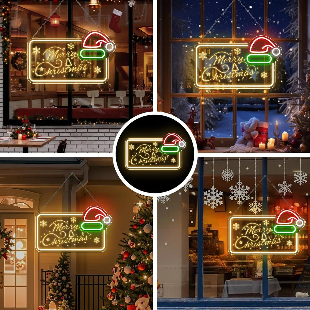 16.5×10 Inch Neon Wall Decor– MERRY CHRISTMAS Silicone Neon Sign with Santa Hat | Yellow, Red, Green & White Glow Neon Lamp with Accessories Included | Hanging Holiday Decor for Christmas Party, Bedroom & Home Spaces