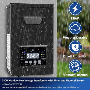 inShareplus 250 W Niederspannungs-Landschaftstransformator, 120 V AC auf 12 V/15 V AC Landschaftsbeleuchtungstransformator mit Fotozellensensor und Timer, wetterfester Außentransformator für Niederspannungs-Landschaftsbeleuchtung 