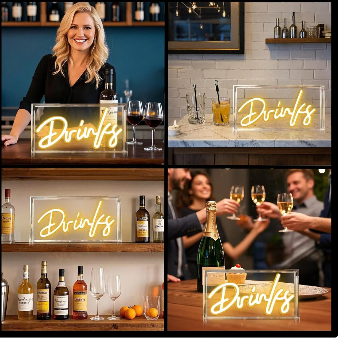 DRINKS Table LED Signs – Rectangular 11.8x5.9 inch | Warm White/Pink | USB Powered | Tabletop Display | For Coffee Stations, Beverage Counters, Lounge Spaces & Entertainment Areas
