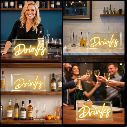 DRINKS Table LED Signs – Rectangular 11.8x5.9 inch | Warm White/Pink | USB Powered | Tabletop Display | For Coffee Stations, Beverage Counters, Lounge Spaces & Entertainment Areas