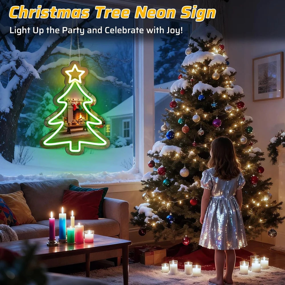 16×12 Inch Neon Wall Decor – Christmas Tree Silicone Neon Sign – 5V USB Powered Dimmable Green & Yellow Glow LED Wall Light | Neon Lamp with Accessories Included | Hanging Holiday Decor for Christmas Party, Bedroom & Home Spaces