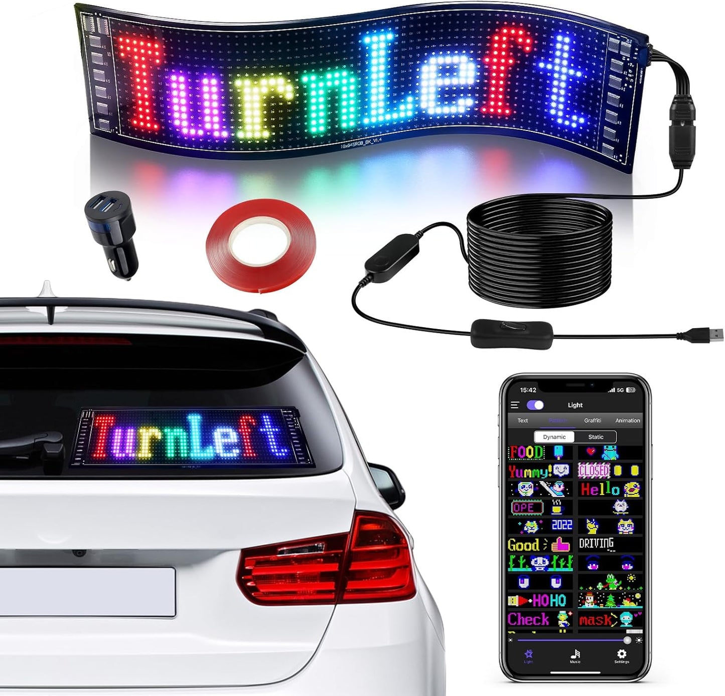 inShareplus 15''x4'' Flexible Scrolling LED Car Sign with USB, Bluetooth APP Control Car LED Sign, DIY Programmable, Custom Text, Pattern, Animation, Graffiti, LED Matrix Panel for Wedding Party