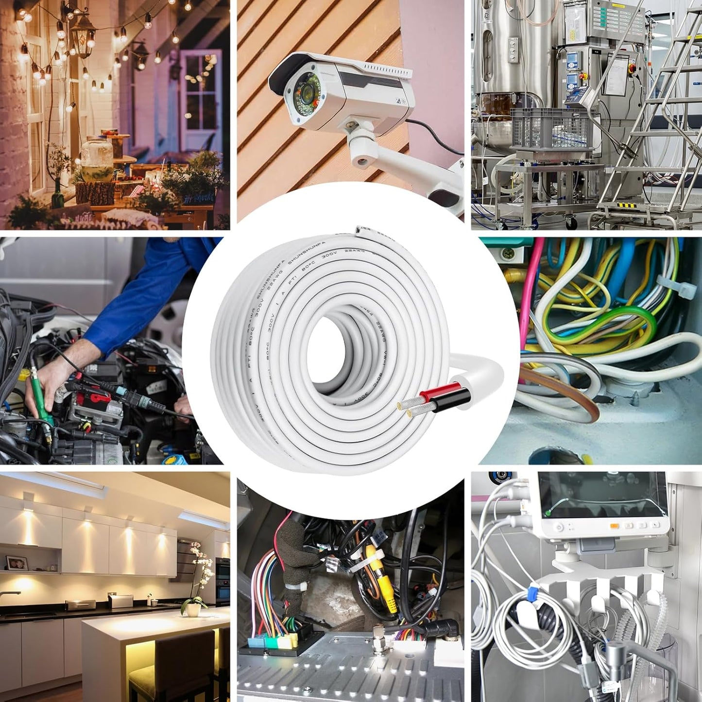 inShareplus 22AWG 2x0.3mm² 5 Meter Electrical Wire 2 Core Cable, 5V/12V/24V White Tinned Copper Wires, 22 Gauge 300V Flexible and Soft Outdoor Cable High Temperature Resistant Extension Cable