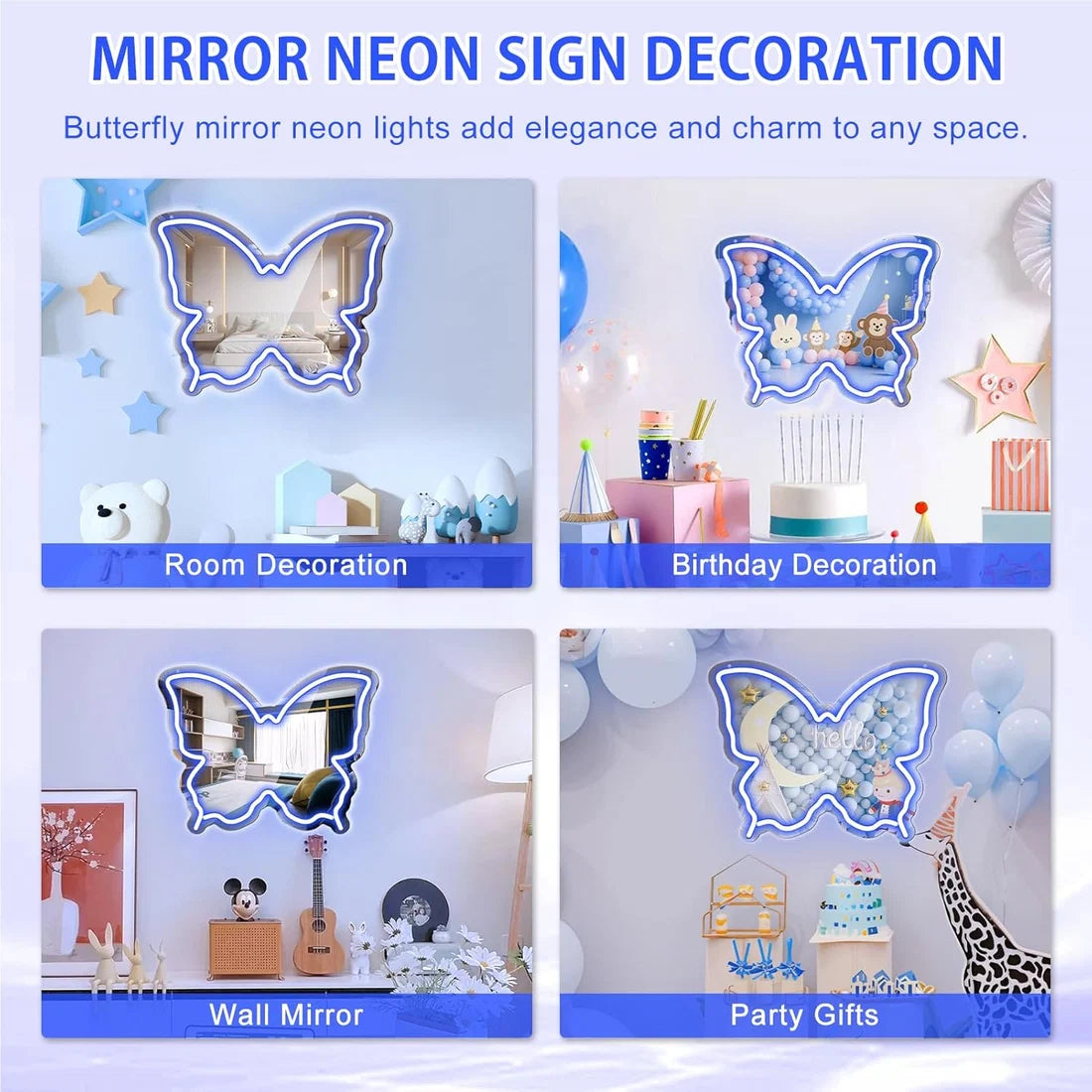 Blue Butterfly - Beauty Mirror Signs – 15.7×12 inch Neon Outline | USB Powered | Perfect for Makeup Stations, Bedroom Decor & Beauty Spaces