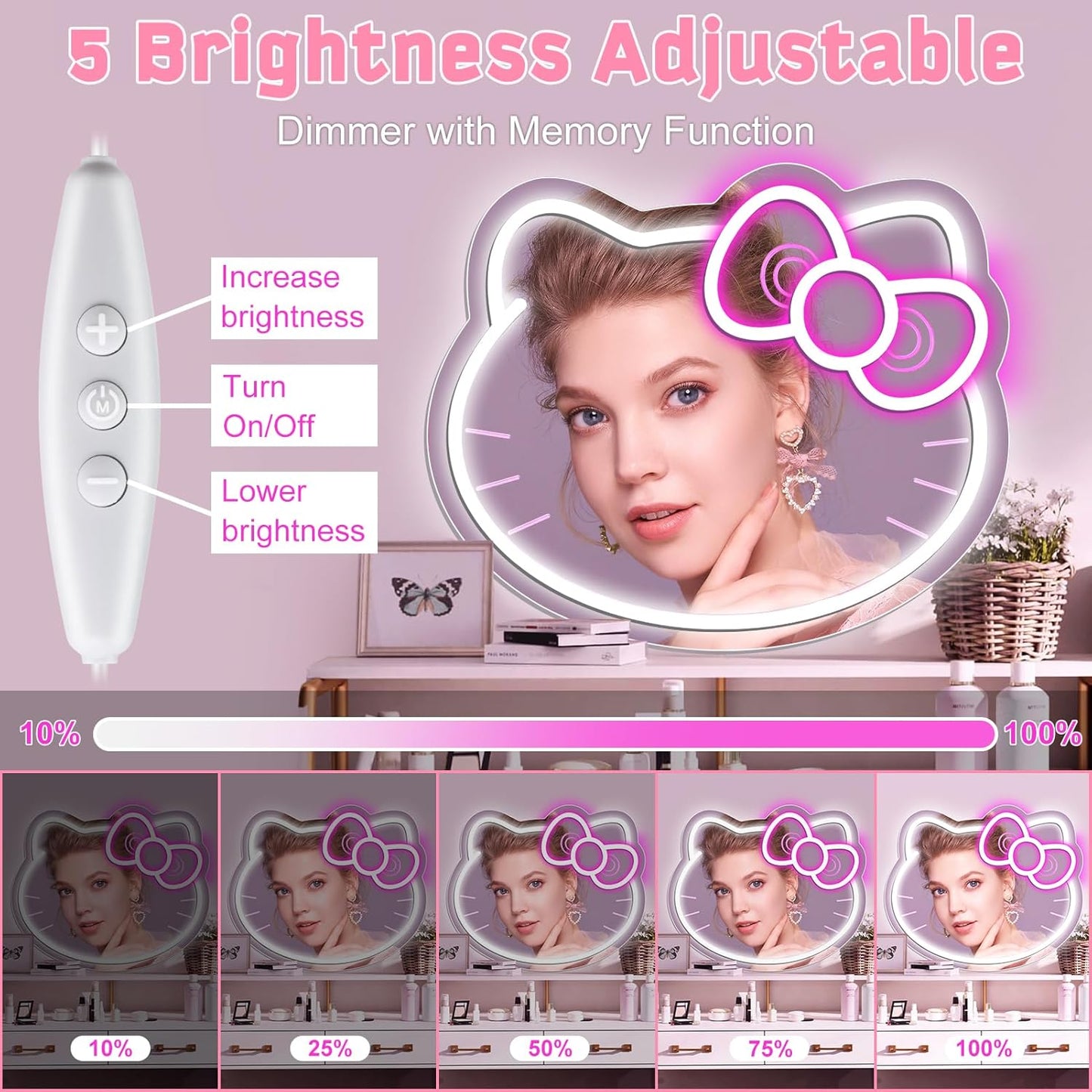 inShareplus Anime Hello Kit Neon Sign Mirror Vanity, 14"x12" Cute Cat LED Neon Lights Gifts, 5V USB Dimmable Light Up Wall Mirror for Teen Girl Gift, Bedroom, Room Decor, Dressing Table