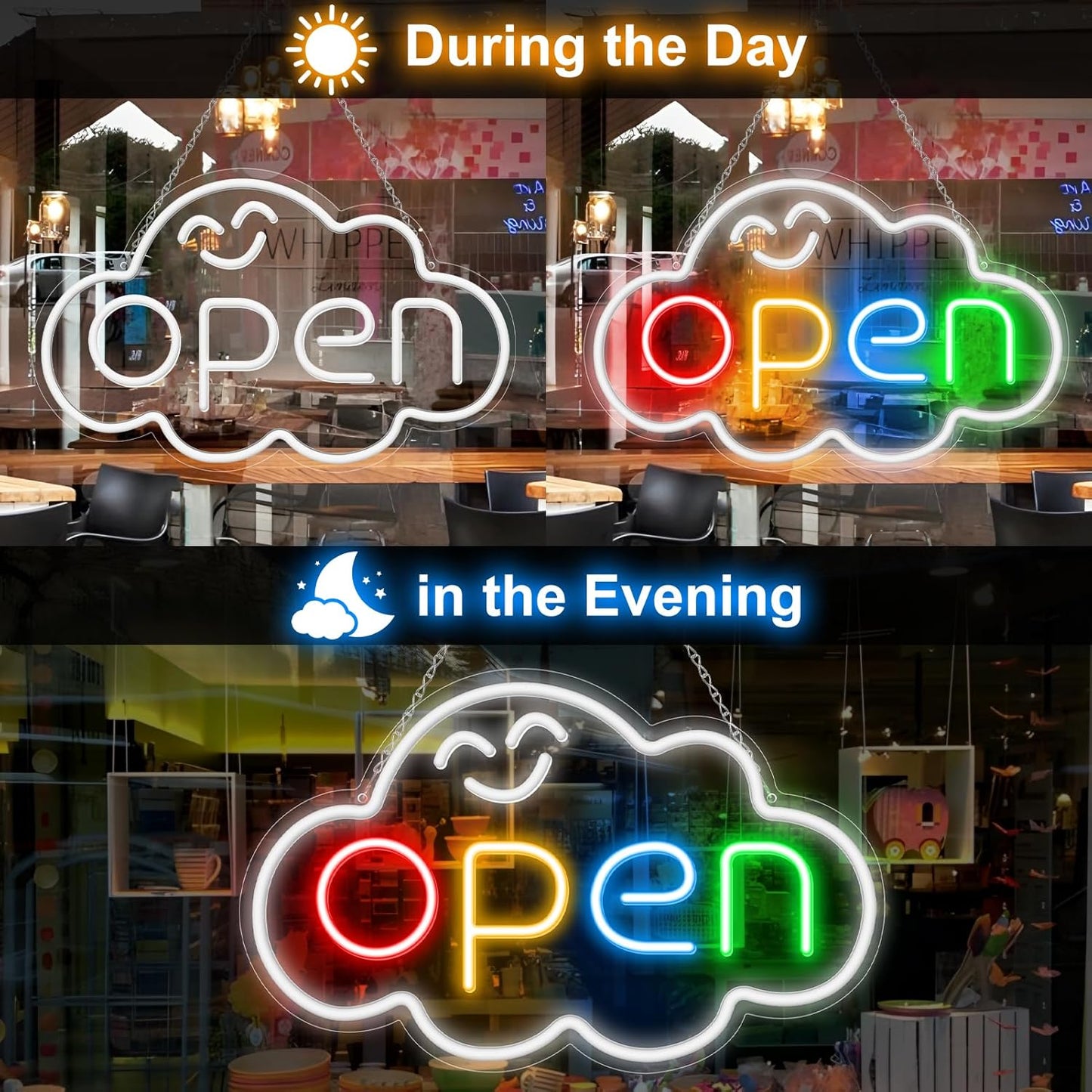 16.5"x 10.2" LED Neon Open Sign for Business, Ultra Bright Lighted Sign Open with ON/OFF Switch, Cloud Electric Light up Sign for Stores, Restaurants Offices Retail Shops Window Storefronts