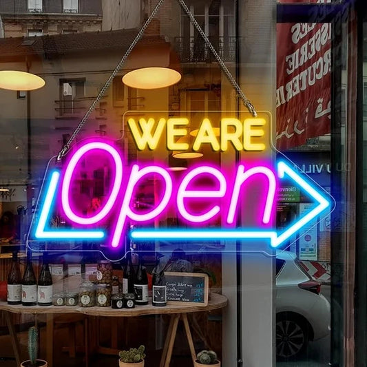 WE ARE OPEN Silicone LED Store Signs – USB Powered | 16.1×7.8 inch | Arrow Shape LED Window Sign |  2 Color Options for  Store Entrances & Business Locations
