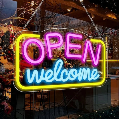 OPEN Welcome LED Silicone LED Store Signs – 16×9 Inch (41×23 cm) Horizontal Style | USB Powered Pink, Blue & Yellow Glow Light for  Store Entrances & Business Locations