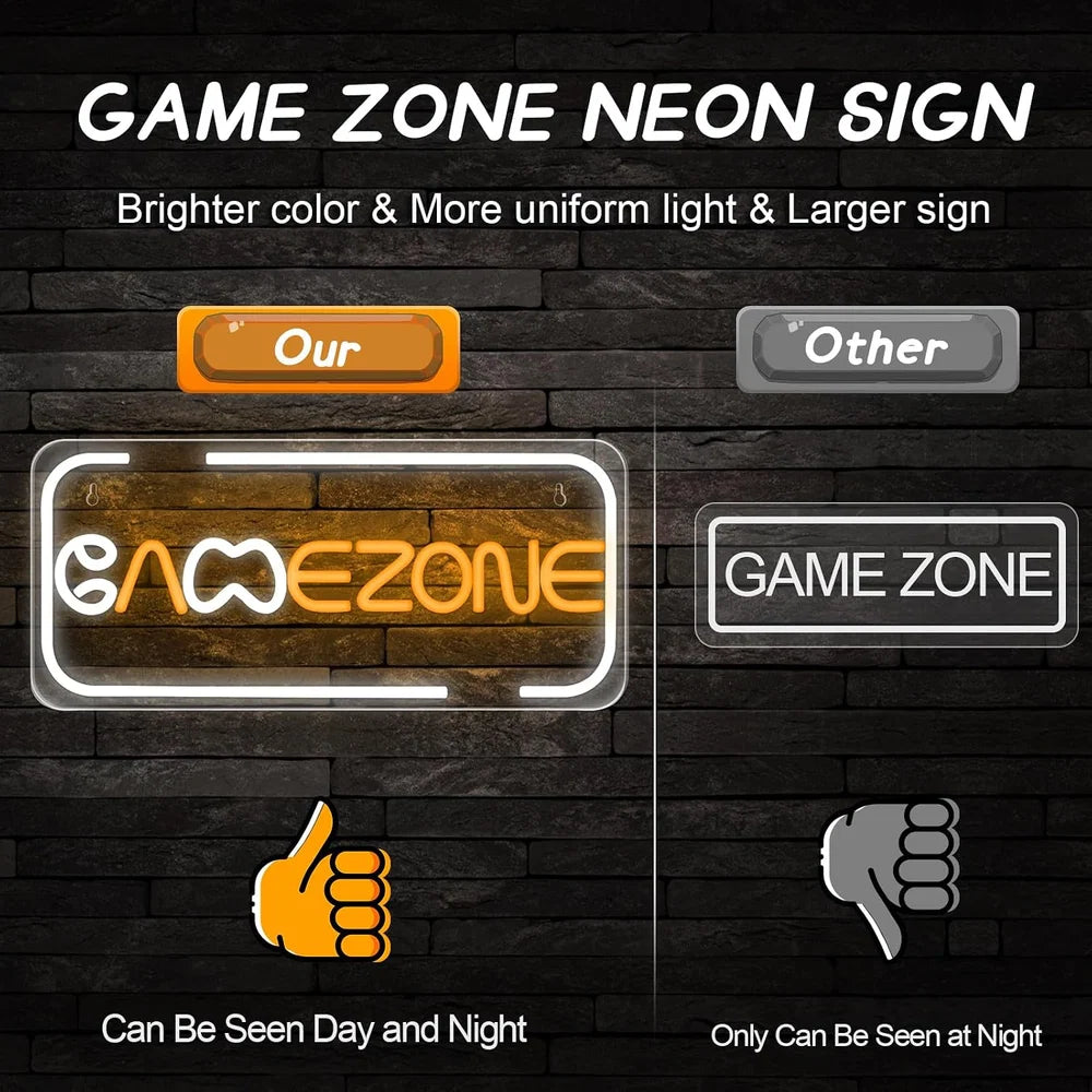16.2×7.1 Inch Neon Wall Decor – GAME ZONE Silicone Neon Sign – 5V USB Powered White & Orange Glow LED Wall Light | Neon Lamp with Accessories Included | Hanging Gaming Decor for Gaming Room, Bedroom, Setup & Party Spaces