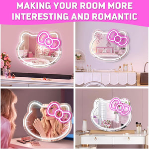 inShareplus Anime Hello Kit Neon Sign Mirror Vanity, 14"x12" Cute Cat LED Neon Lights Gifts, 5V USB Dimmable Light Up Wall Mirror for Teen Girl Gift, Bedroom, Room Decor, Dressing Table