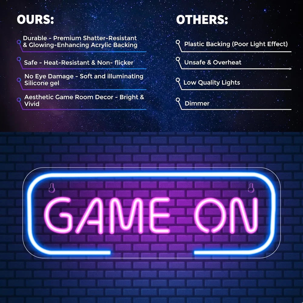 15.7×5.6 Inch Neon Wall Decor – GAME ON Silicone Neon Sign – 5V USB Powered Dimmable Blue & Pink Glow LED Wall Light | Neon Lamp with Accessories Included | Hanging Gaming Decor for Gaming Room, Bedroom, Setup & Party Spaces