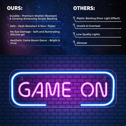15.7×5.6 Inch Neon Wall Decor – GAME ON Silicone Neon Sign – 5V USB Powered Dimmable Blue & Pink Glow LED Wall Light | Neon Lamp with Accessories Included | Hanging Gaming Decor for Gaming Room, Bedroom, Setup & Party Spaces