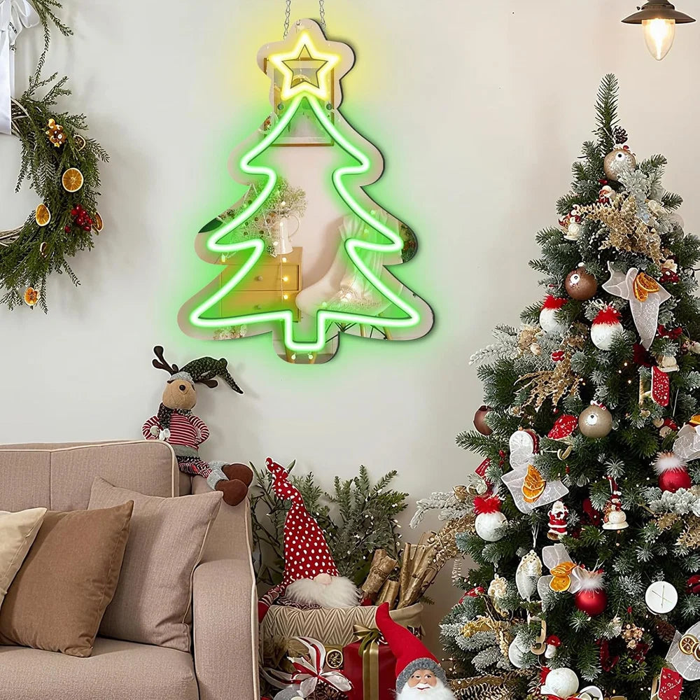 16×12 Inch Neon Wall Decor – Christmas Tree Silicone Neon Sign – 5V USB Powered Dimmable Green & Yellow Glow LED Wall Light | Neon Lamp with Accessories Included | Hanging Holiday Decor for Christmas Party, Bedroom & Home Spaces