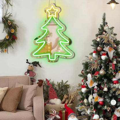 16×12 Inch Neon Wall Decor – Christmas Tree Silicone Neon Sign – 5V USB Powered Dimmable Green & Yellow Glow LED Wall Light | Neon Lamp with Accessories Included | Hanging Holiday Decor for Christmas Party, Bedroom & Home Spaces