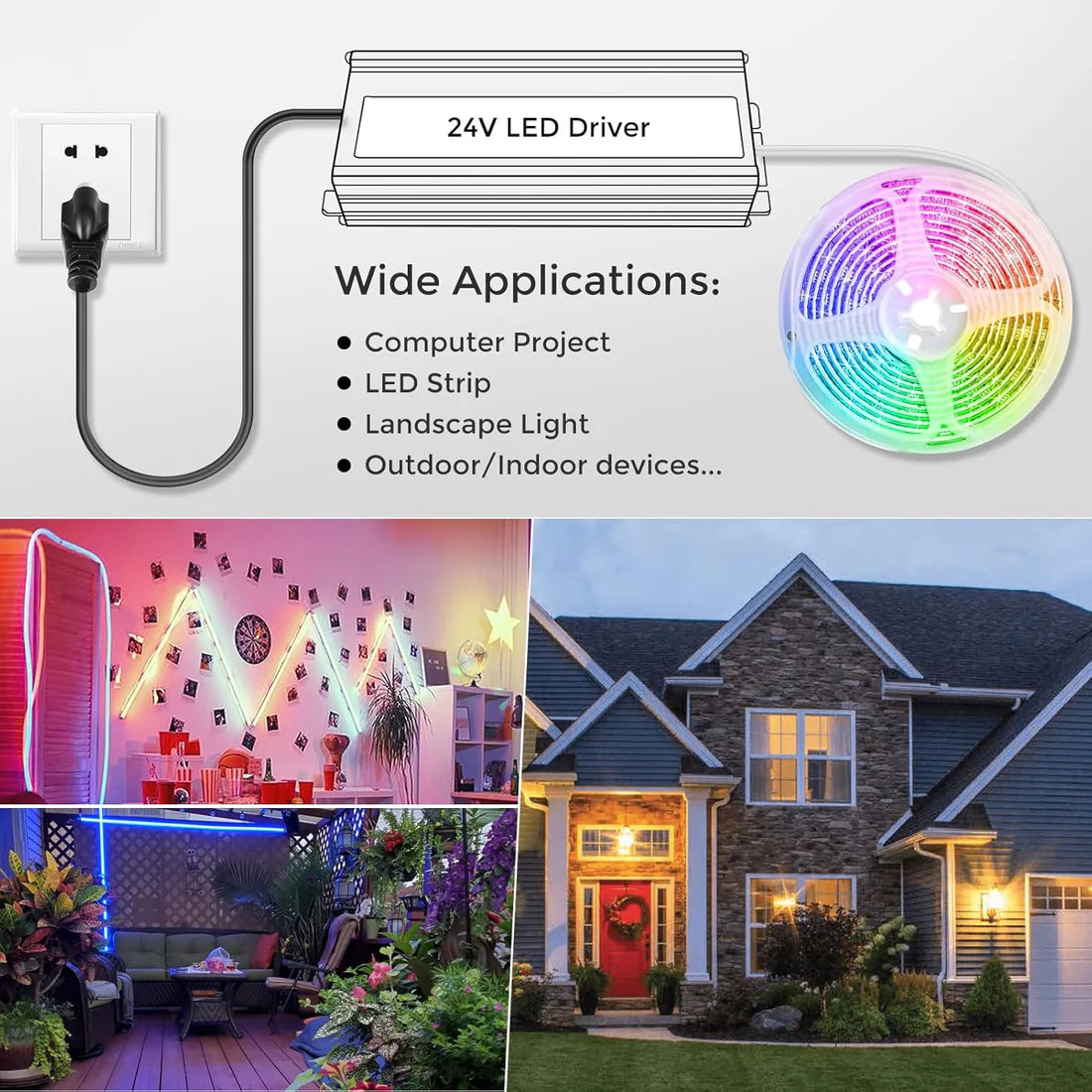 24V Outdoor Waterproof LED Power Supply 200W–500W, 90–140V Input, Single/Dual Wire Output, Aluminum Housing, Landscape & Outdoor Lighting, CE/RoHS/FCC Certified, Waterproof Transformer for Outdoor Lighting, US Plug