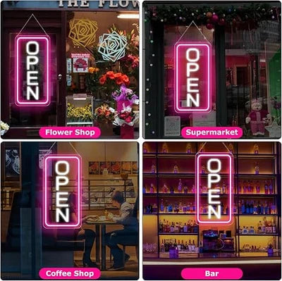 OPEN LED Store Signs – 22.8×11.8 Inch | 12V Powered Pink & White Glow Light | Horizontal & Vertical Style with US Plug for  Store Entrances & Business Locations