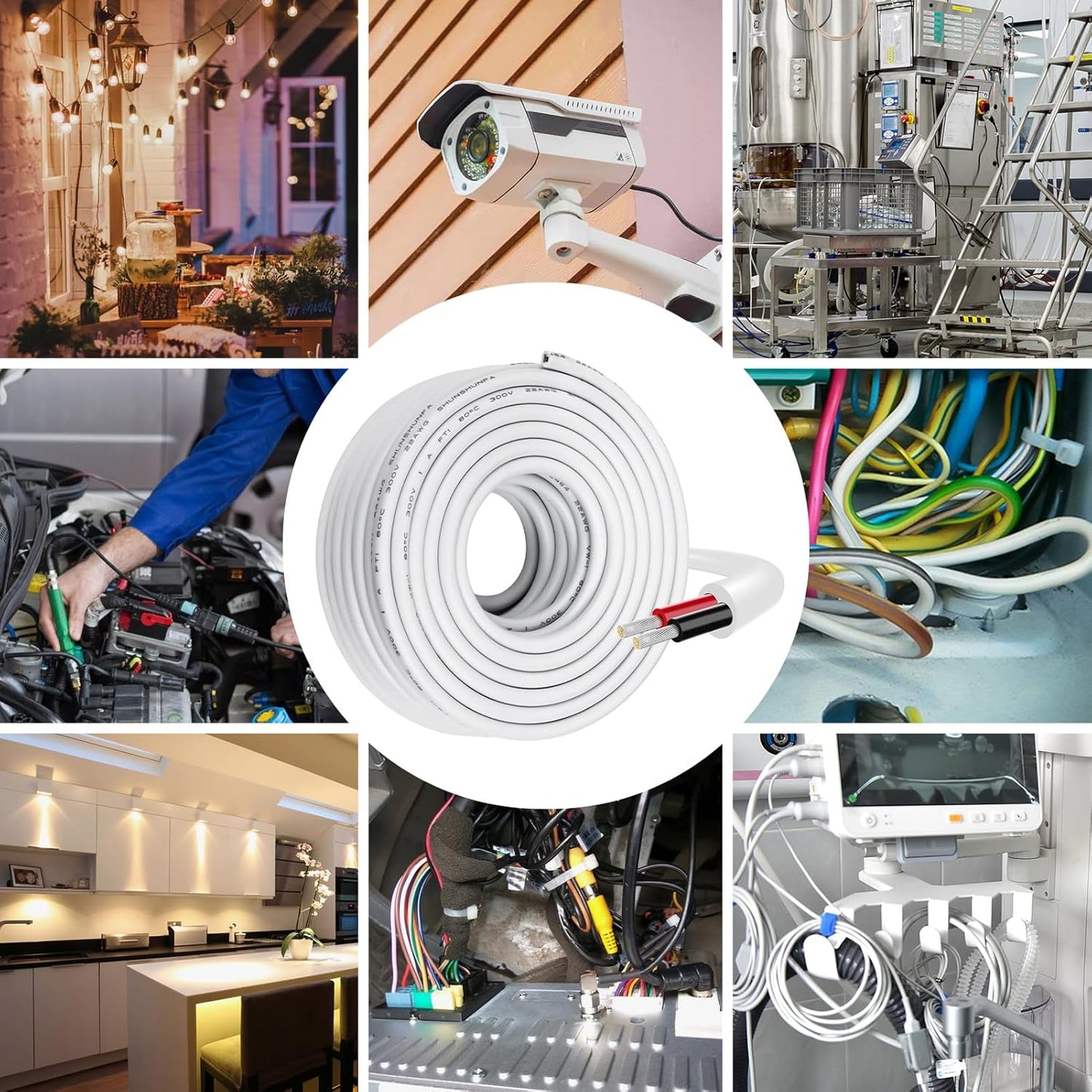 inShareplus 2 x 0.3 mm² 10 m 22AWG Electric Cable 2-Core Cable, 5V/12V/24V Underground Cable White Tinned Copper Cable, 300V Flexible and Soft Power Cable High Temperature Resistance Extension Cable 10 m