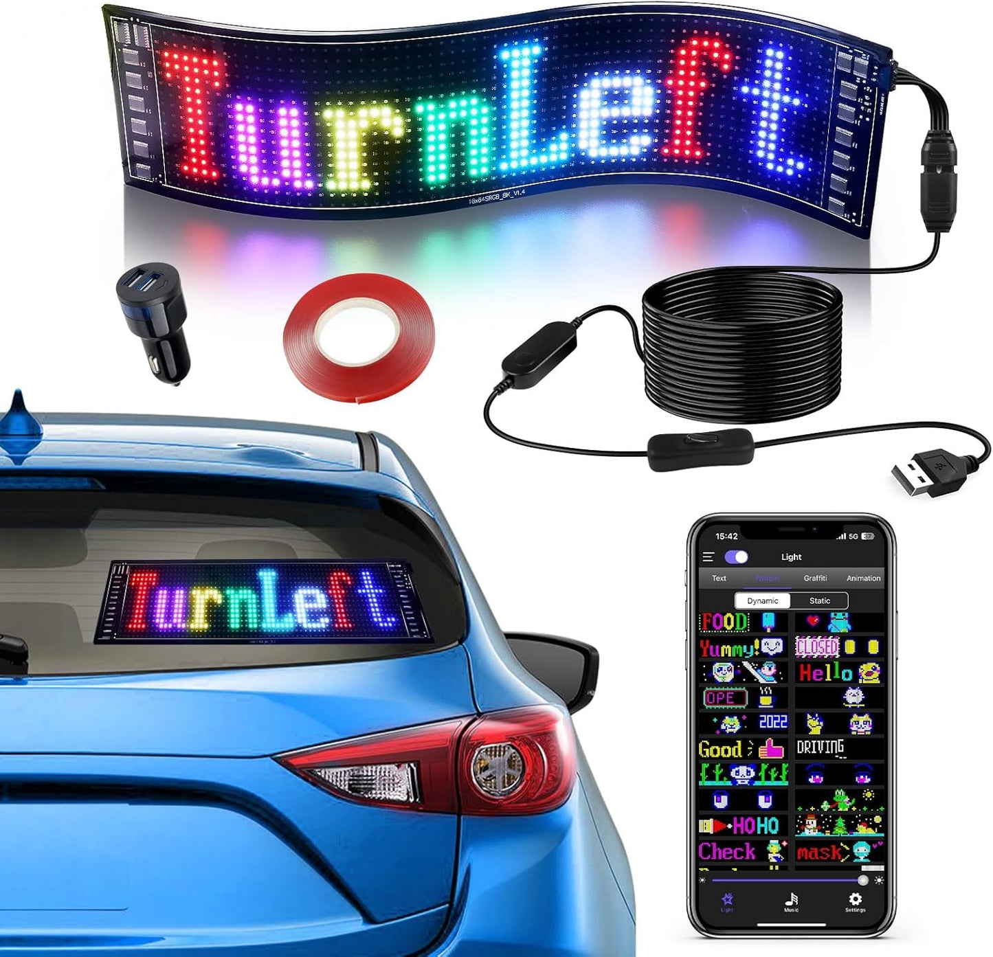 inShareplus 15''x4'' Flexible Scrolling LED Car Sign with USB, Bluetooth APP Control Car LED Sign, DIY Programmable, Custom Text, Pattern, Animation, Graffiti, LED Matrix Panel for Wedding Party