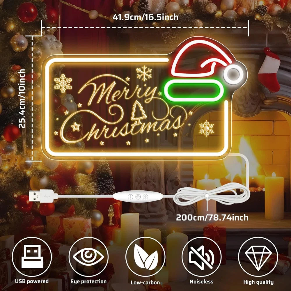 16.5×10 Inch Neon Wall Decor– MERRY CHRISTMAS Silicone Neon Sign with Santa Hat | Yellow, Red, Green & White Glow Neon Lamp with Accessories Included | Hanging Holiday Decor for Christmas Party, Bedroom & Home Spaces