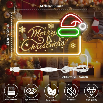 16.5×10 Inch Neon Wall Decor– MERRY CHRISTMAS Silicone Neon Sign with Santa Hat | Yellow, Red, Green & White Glow Neon Lamp with Accessories Included | Hanging Holiday Decor for Christmas Party, Bedroom & Home Spaces