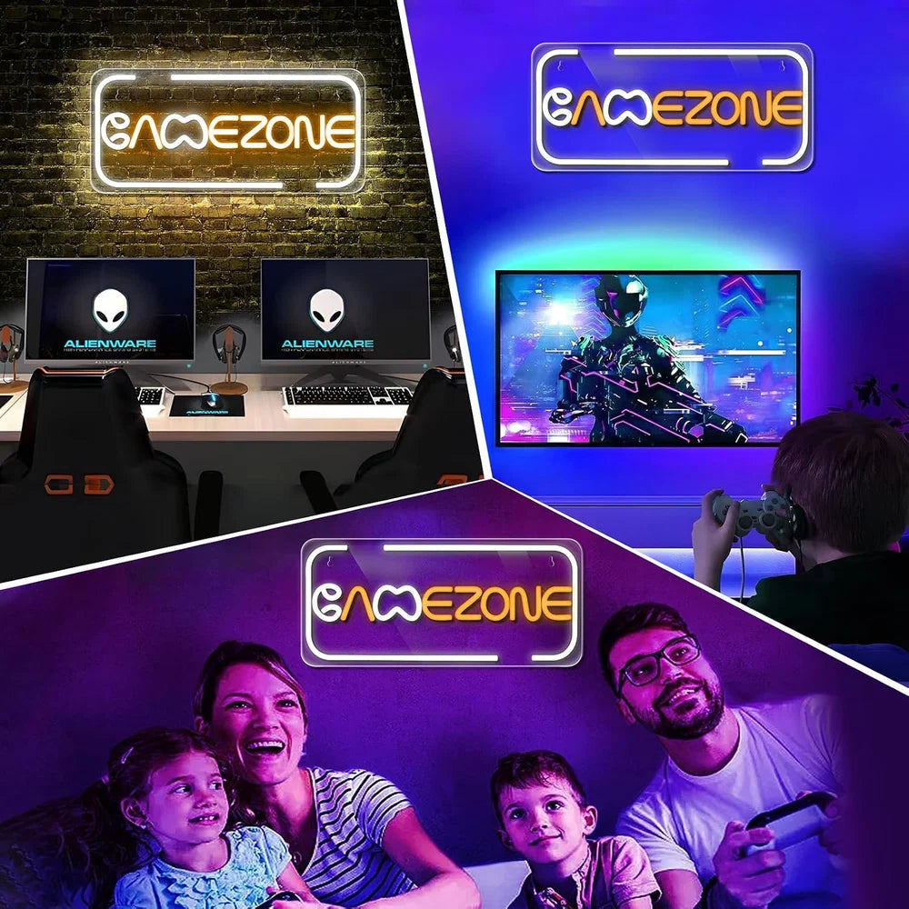 16.2×7.1 Inch Neon Wall Decor – GAME ZONE Silicone Neon Sign – 5V USB Powered White & Orange Glow LED Wall Light | Neon Lamp with Accessories Included | Hanging Gaming Decor for Gaming Room, Bedroom, Setup & Party Spaces