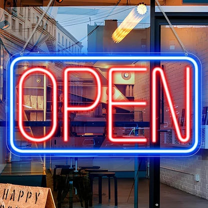 OPEN Silicone LED Store Signs – USB Powered | 16×9 inch | Blue + Red Glow | LED Window Hanging Light for  Store Entrances & Business Locations