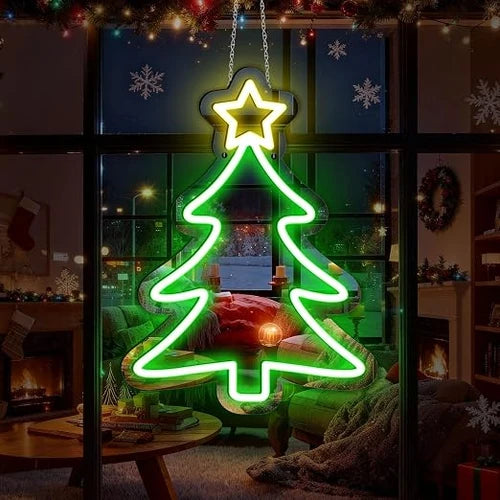 16×12 Inch Neon Wall Decor – Christmas Tree Silicone Neon Sign – 5V USB Powered Dimmable Green & Yellow Glow LED Wall Light | Neon Lamp with Accessories Included | Hanging Holiday Decor for Christmas Party, Bedroom & Home Spaces