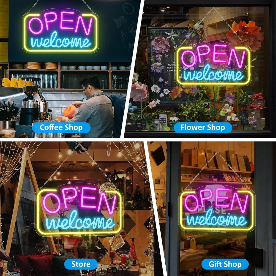 OPEN Welcome LED Silicone LED Store Signs – 16×9 Inch (41×23 cm) Horizontal Style | USB Powered Pink, Blue & Yellow Glow Light for  Store Entrances & Business Locations