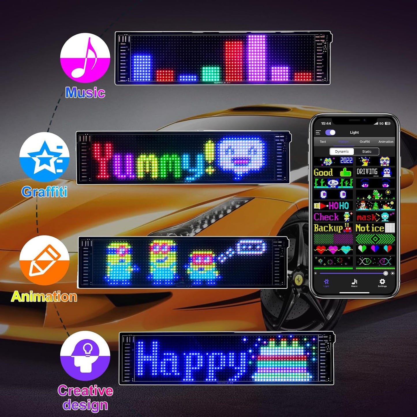 inShareplus 15''x4'' Flexible Scrolling LED Car Sign with USB, Bluetooth APP Control Car LED Sign, DIY Programmable, Custom Text, Pattern, Animation, Graffiti, LED Matrix Panel for Wedding Party