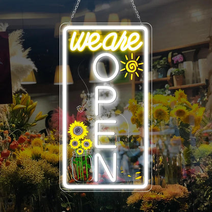 We Are Open Vertical Silicone LED Store Signs – Warm White / Neutral White  | 16.5 × 9 inch |Window Hanging |12V Plug & Play Storefront Neon Decor for  Store Entrances & Business Locations