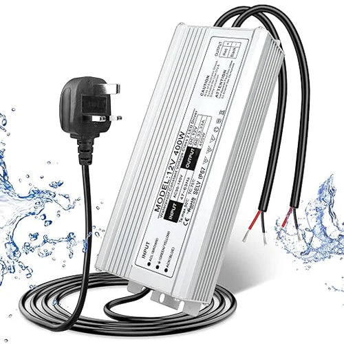 12V Outdoor Waterproof LED Power Supply 200W-500W, 175–265V Input, Single/Dual Wire Output, Aluminum Housing, Landscape & Outdoor Lighting, CE/RoHS/FCC Certified, Waterproof Transformer for Outdoor Lighting, UK/EU Plug