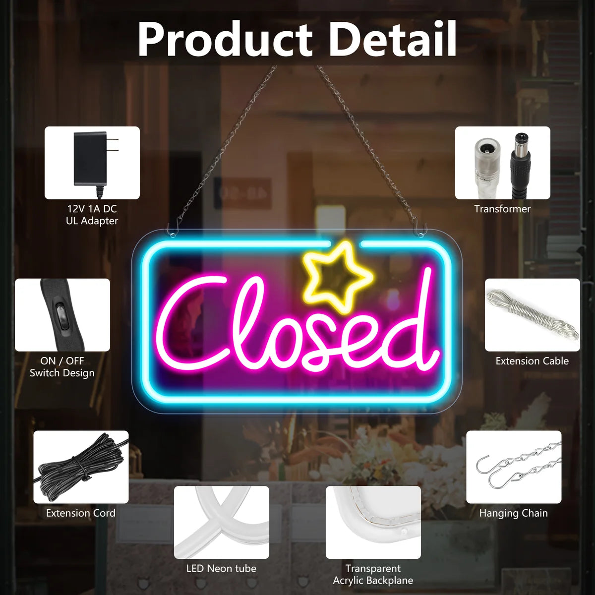 Closed Silicone LED Store Signs – Ice Blue & Pink Glow + Yellow Star | 16.5 × 9 inch | Window Hanging |  Plug & Play for  Store Entrances & Business Locations