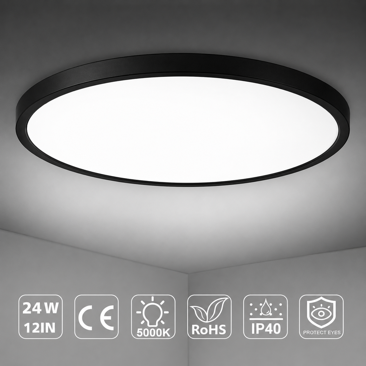 inSharepuls LED-Deckenleuchte, 5000 K Tageslichtweiß, 24 W (entspricht 240 W), 12 Zoll flache, moderne Deckenbeleuchtung, 3200 lm, Deckenlampe für Badezimmer, Veranda, Küche, Schlafzimmer, Wohnzimmer, Flur 