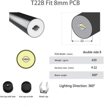 I-360E Series ⏀22mm 360 Emitting LED Neon Tube Housing | S22D Black Soft Neon Tube Housing | IP67 Waterproof | 8mm PCB Width | 16.4FT/5M | Club Decorative Lighting