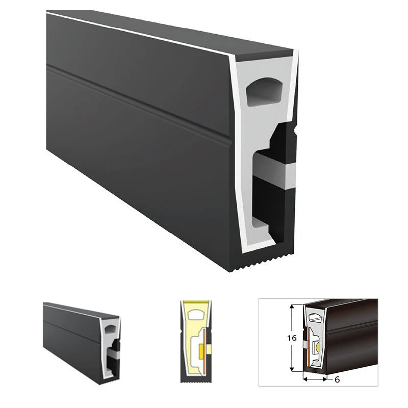 I-SE Series 6×16mm Side Emitting LED Neon Tube Housing | S0616 Black LED Neon Tube Profile | IP67 Waterproof | 8mm PCB Width | 16.4FT/5M | Black Display Accent Lighting