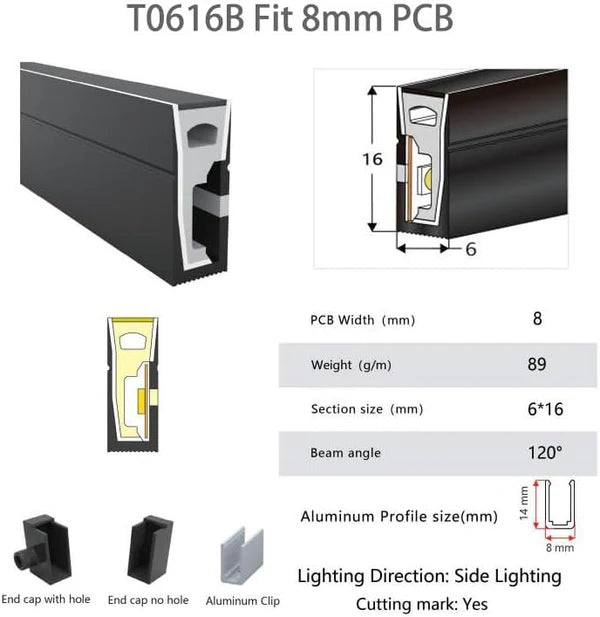 I-SE Series 6×16mm Side Emitting LED Neon Tube Housing | S0616 Black LED Neon Tube Profile | IP67 Waterproof | 8mm PCB Width | 16.4FT/5M | Black Display Accent Lighting
