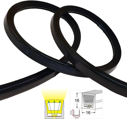 I-TE Series 16×16mm Top Emitting LED Neon Tube Housing | S1616 Black Flexible Neon Tube Housing | IP67 Waterproof | 10mm PCB Width | 16.4FT/5M | Lounge Ceiling Accent Lighting