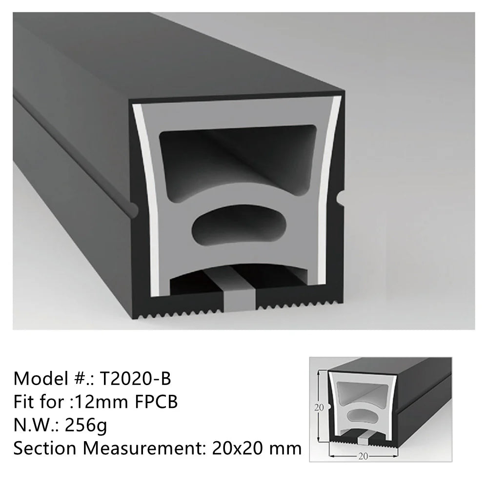 I-TE Series 20×20mm Top Emitting LED Neon Tube Housing | S2020 Black Silicone Neon Tube | IP67 Waterproof | 12mm PCB Width | 16.4FT/5M | Commercial Ceiling Lighting