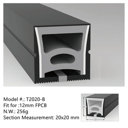 I-TE Series 20×20mm Top Emitting LED Neon Tube Housing | S2020 Black Silicone Neon Tube | IP67 Waterproof | 12mm PCB Width | 16.4FT/5M | Commercial Ceiling Lighting