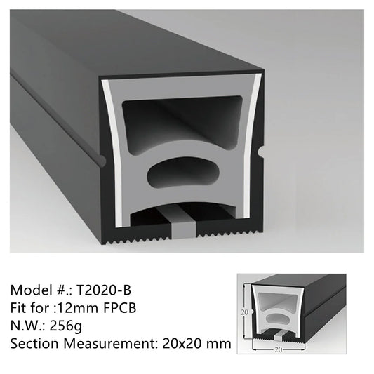 I-TE Series 20×20mm Top Emitting LED Neon Tube Housing | S2020 Black Silicone Neon Tube | IP67 Waterproof | 12mm PCB Width | 16.4FT/5M | Commercial Ceiling Lighting