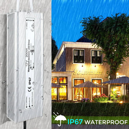 12V Outdoor Waterproof LED Power Supply 200W-500W, 175–265V Input, Single/Dual Wire Output, Aluminum Housing, Landscape & Outdoor Lighting, CE/RoHS/FCC Certified, Waterproof Transformer for Outdoor Lighting, UK/EU Plug