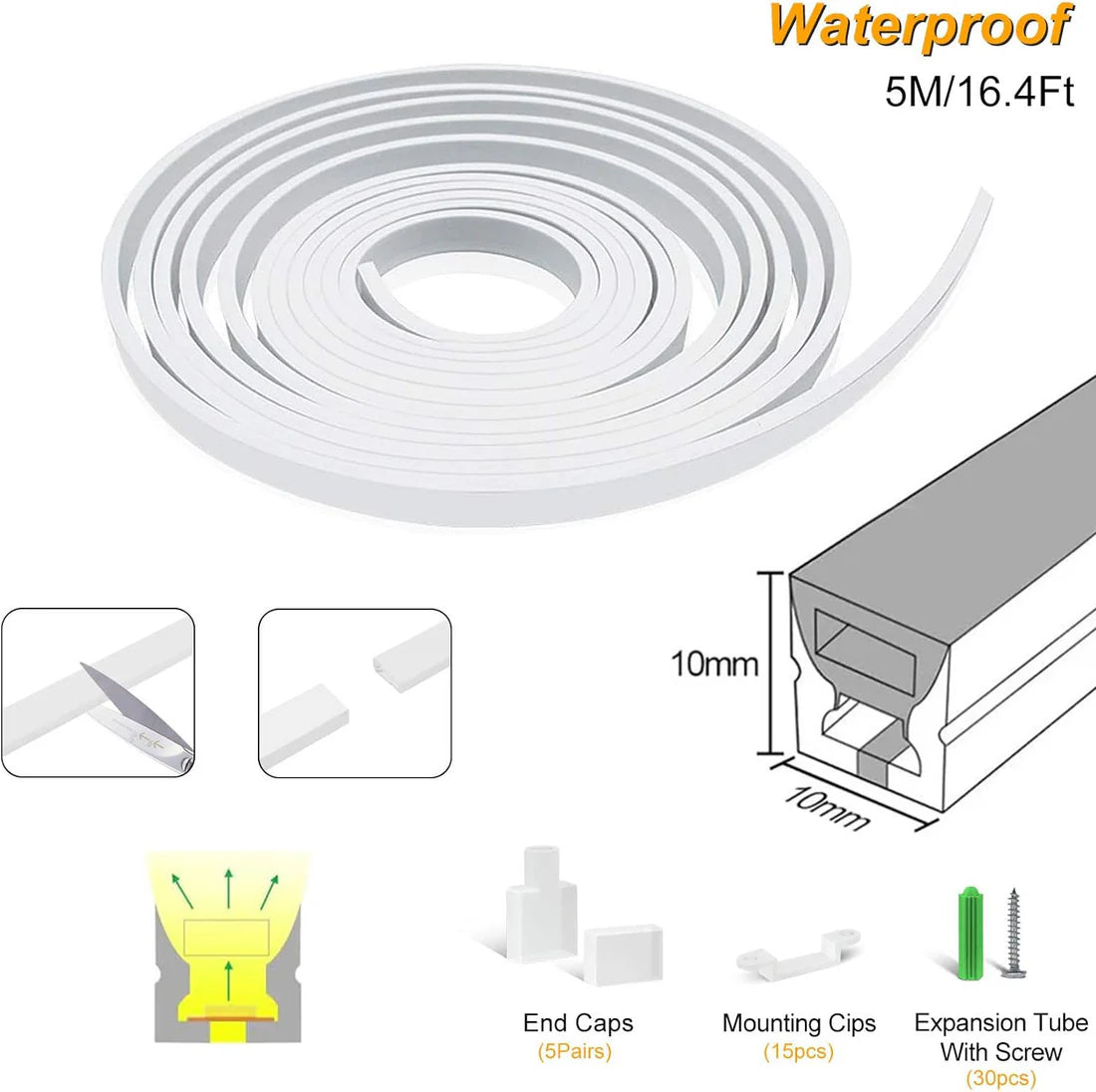 I-TE Series 10×10mm Top Emitting LED Neon Tube Housing | S1010 Soft Neon Tube Housing | IP67 Waterproof | 6mm PCB Width | 16.4FT/5M | Ceiling Accent Lighting | Local Stock US/UK/DE